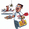Cartoon man holding mousetrap and rat bait