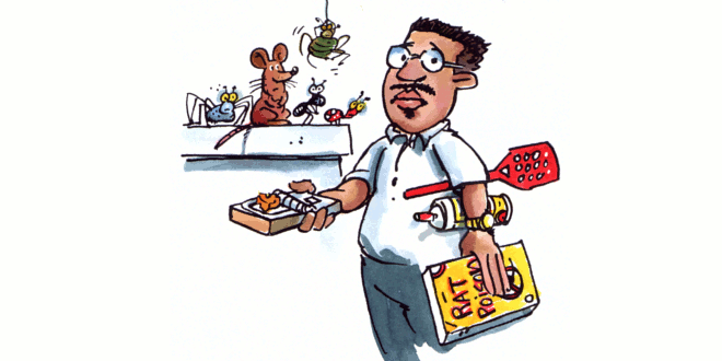 Cartoon of man with bugs, mice and mouse trap