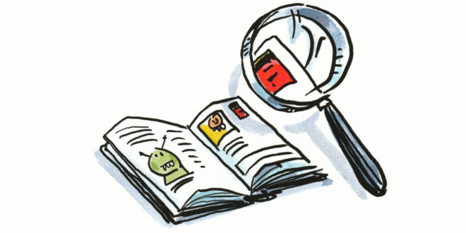 Cartoon of magnifying glass looking at book