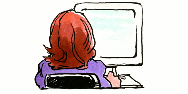 Cartoon of woman at computer